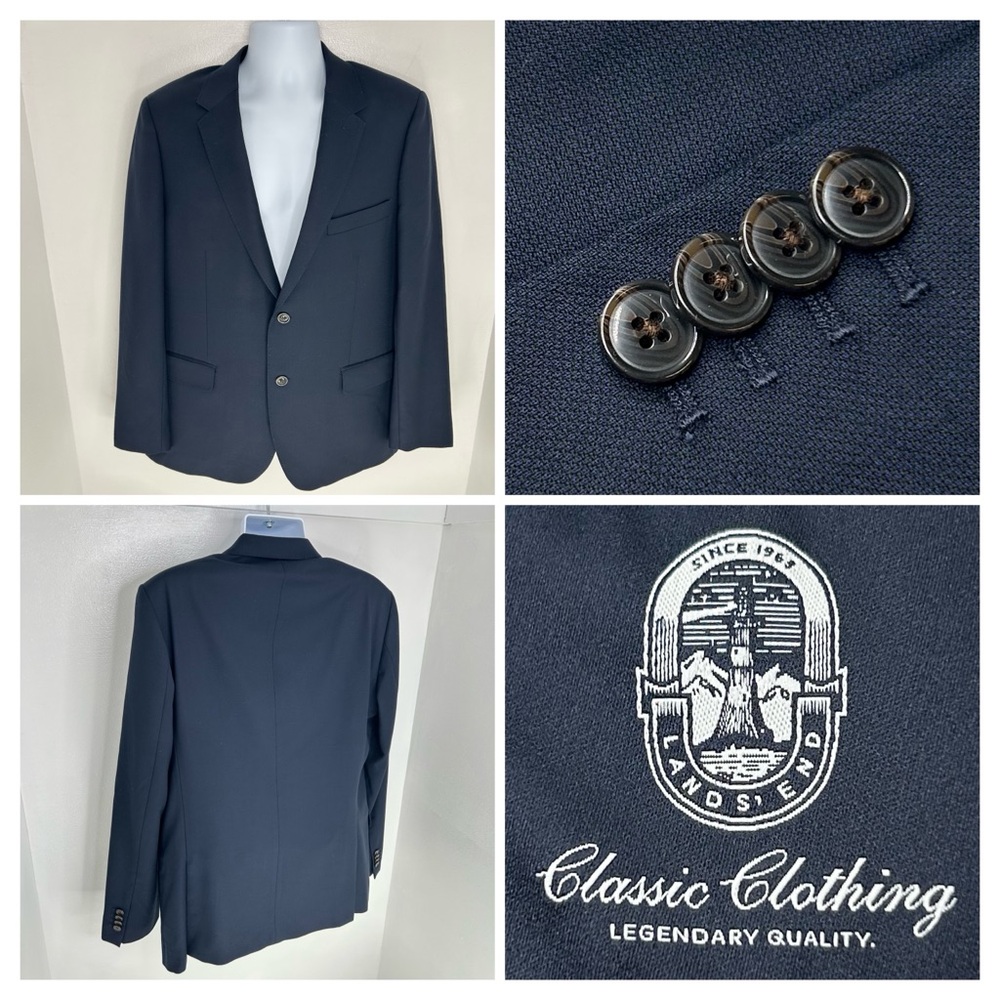 Lands End Blazer‎ Size 42R Navy Wool Tailored Fit Suit Jacket Office Career